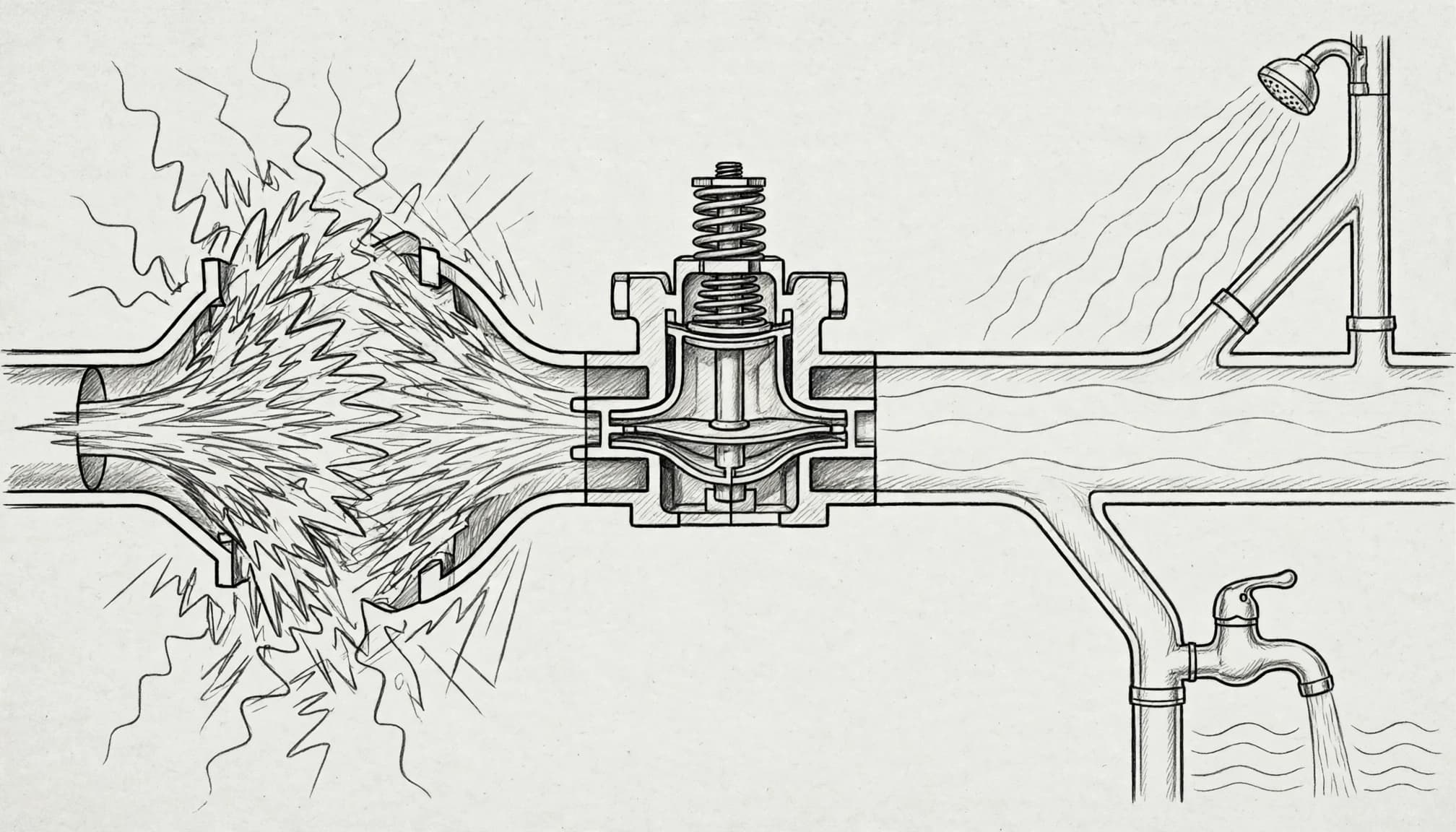 Graphische Skizze eines Druckminderers mit hohem Wasserdruck links und reguliertem Fluss rechts.