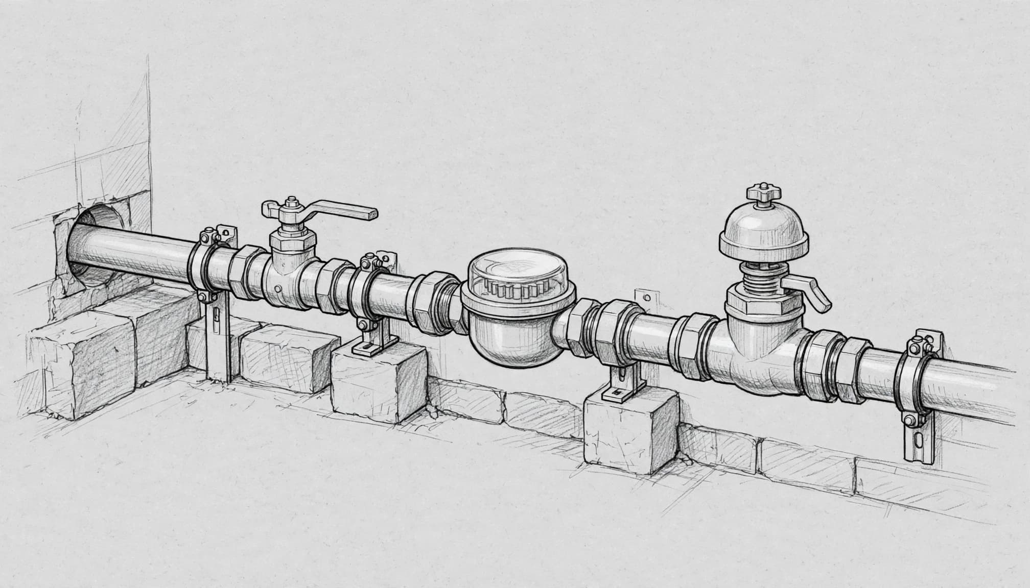 Bleistiftzeichnung einer Wasserleitung mit Absperrventil, Wasserzähler und Druckminderer.