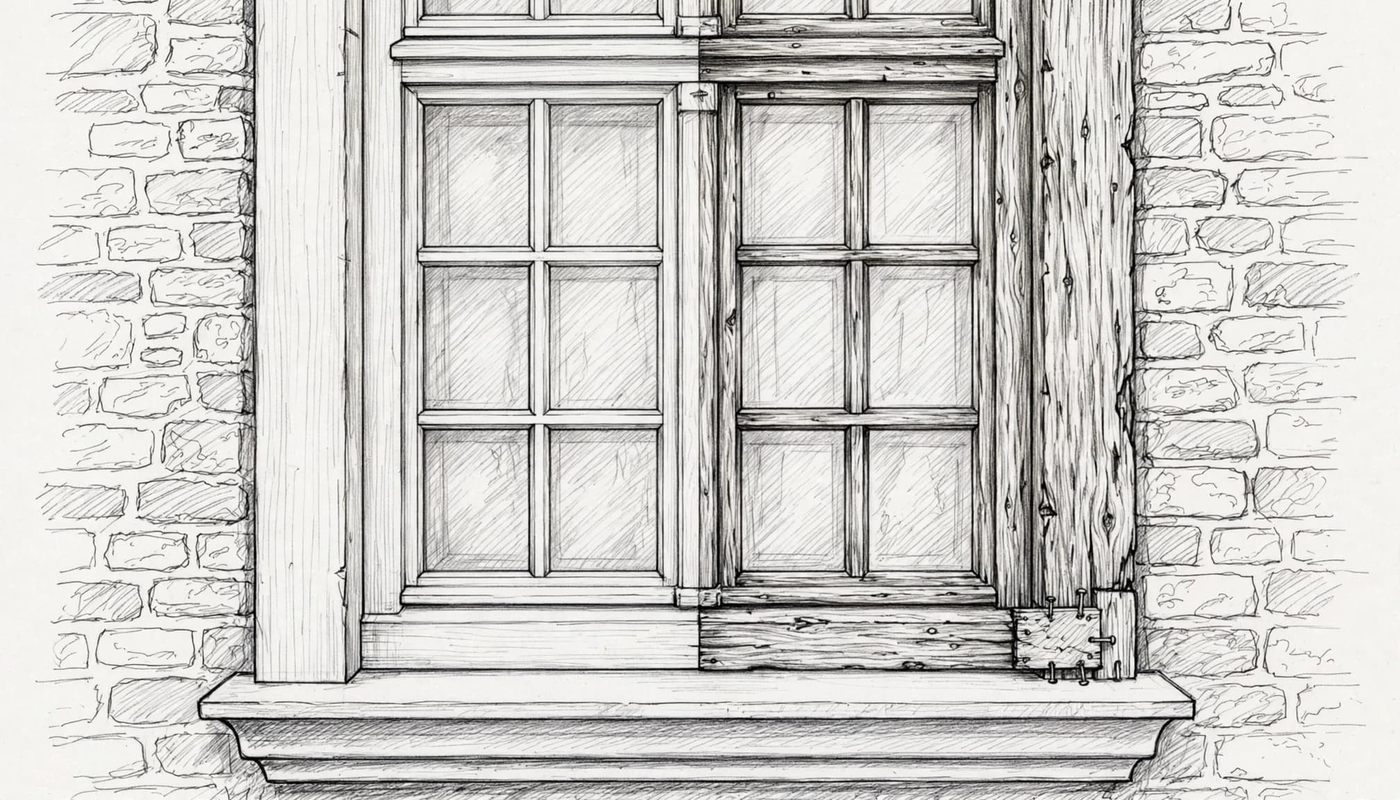 Graphitskizze eines alten Holzfensters mit Mauerwerk.