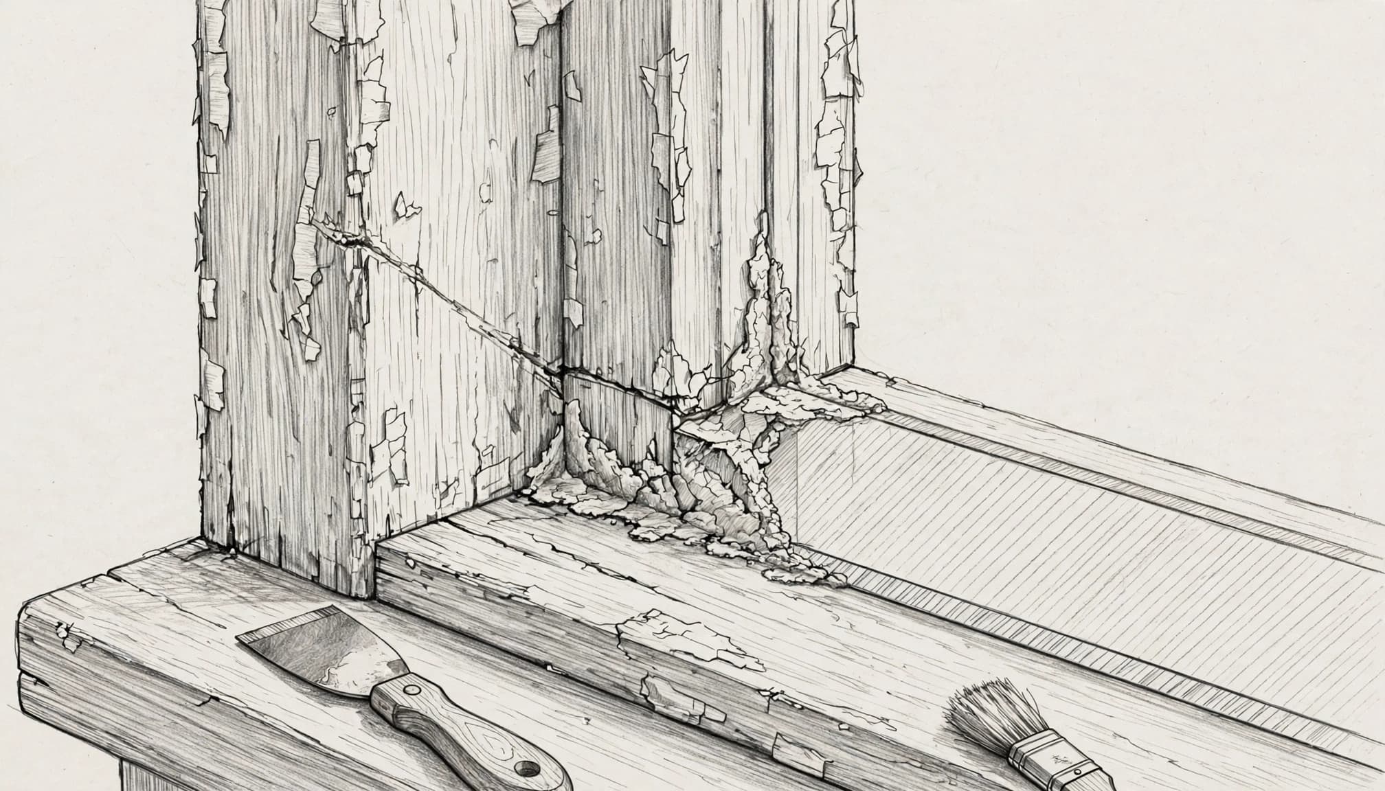 Bleistiftzeichnung eines alten Holzfensterrahmens mit abblätternder Farbe und einem kleinen Pinsel.