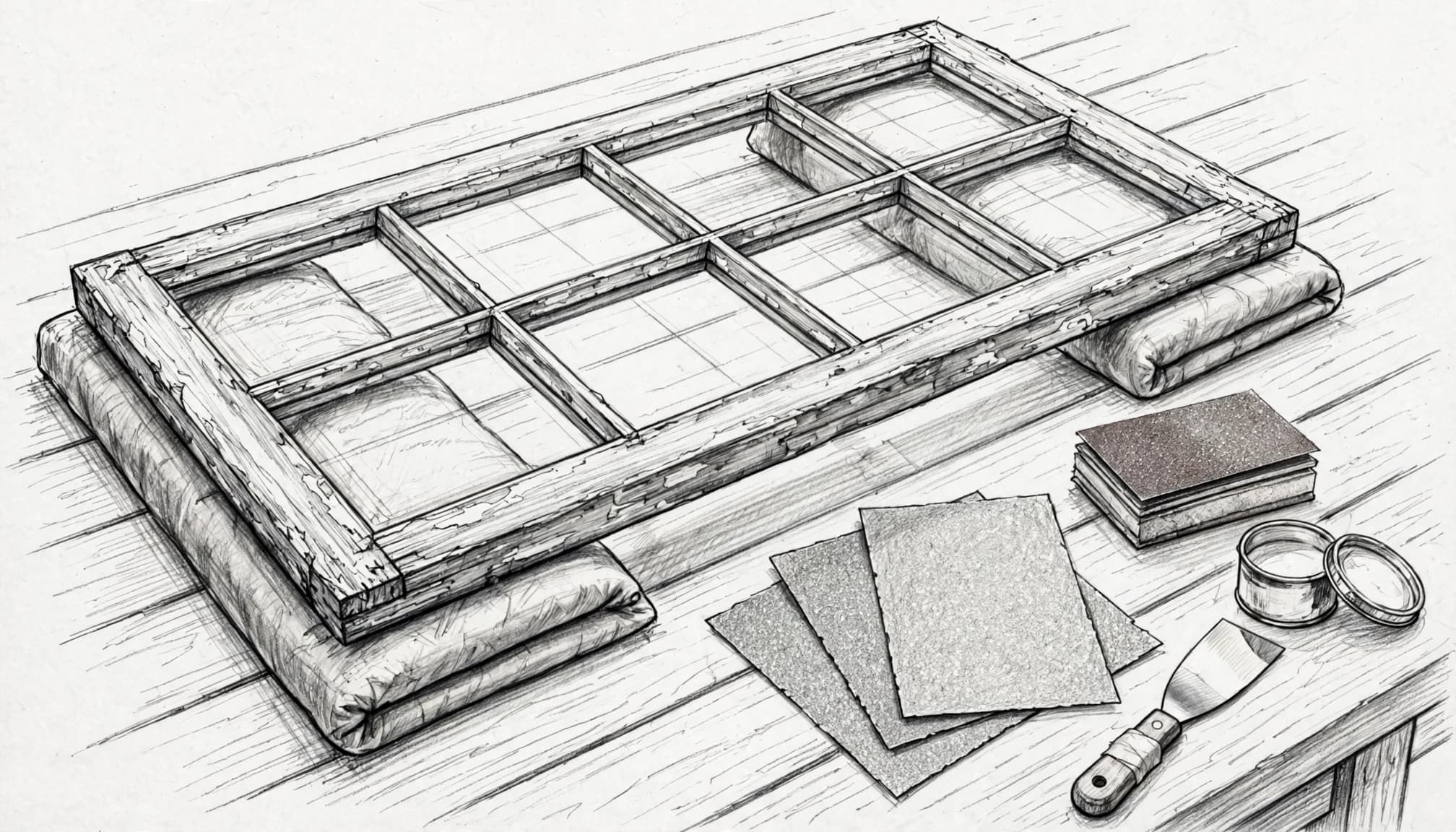 Handgezeichnete Skizze eines alten Holzfensterrahmens mit Schleifpapier, Schleifklotz, Spachtel und Dose auf Holzbank.