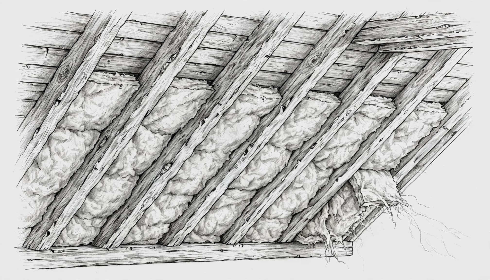 Handgezeichnete Skizze einer Dachdämmung mit Mineralwolle zwischen Holzbalken.