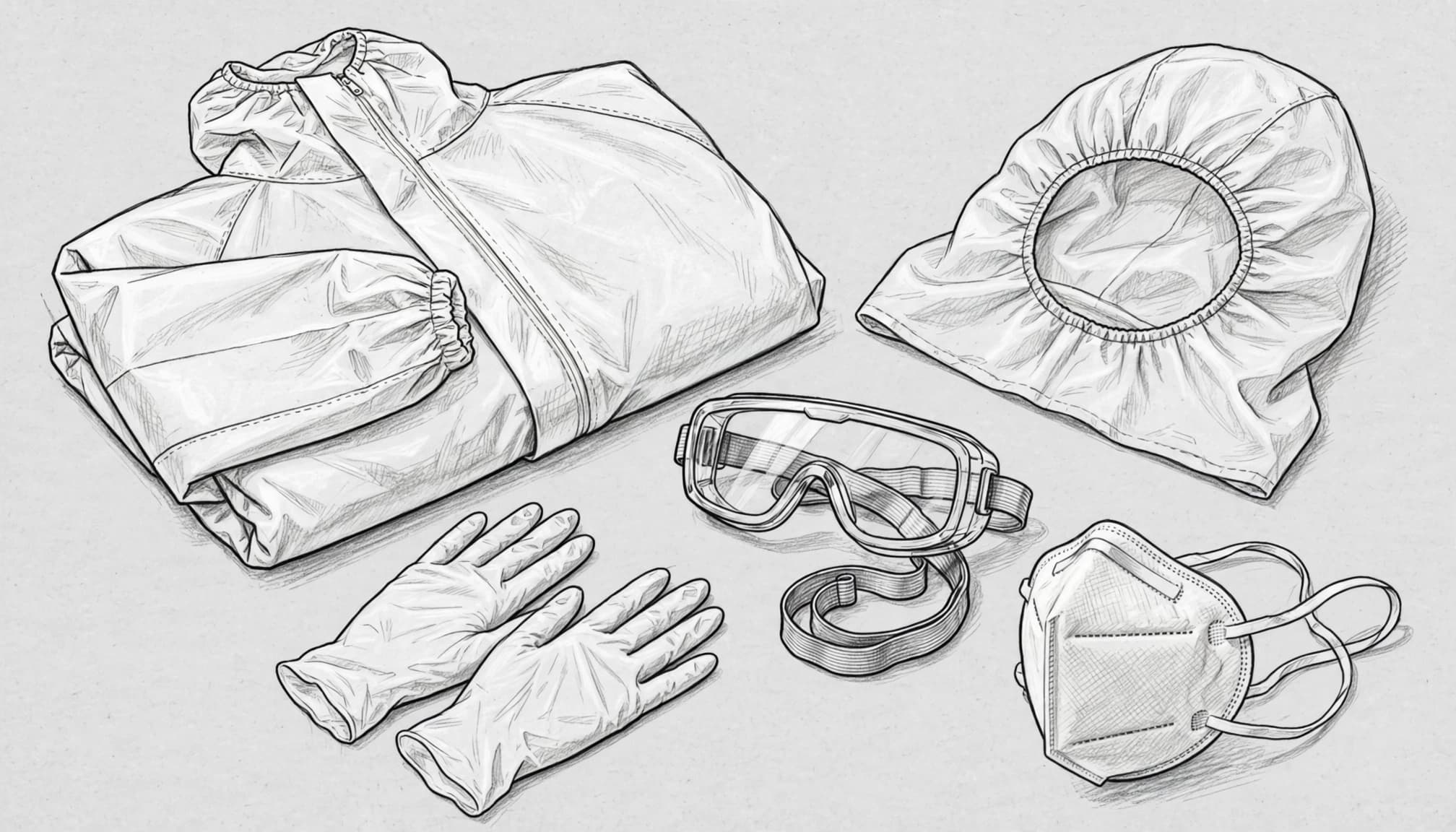 Handgezeichnete Skizze von Schutzausrüstung inklusive Schutzanzug, Handschuhen, Schutzbrille, FFP3-Maske und Haube.