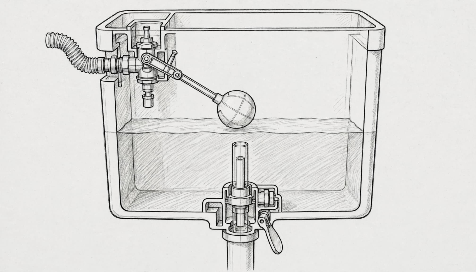 Handgezeichnete Skizze eines Spülkastens mit Schwimmerventil und Wasserstand.