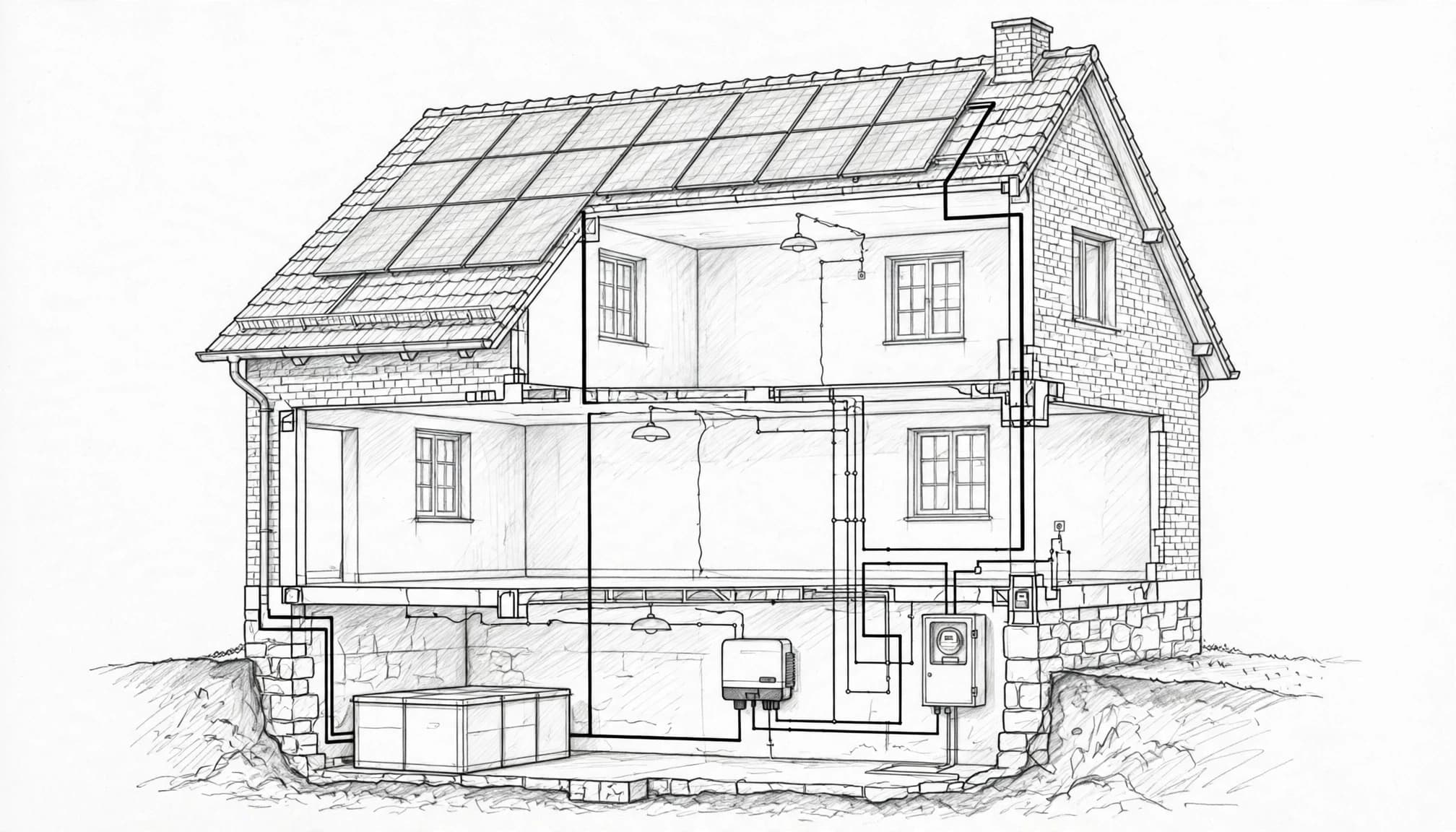 Bleistiftzeichnung eines Hauses im Schnitt mit Solaranlagen und Stromleitungen.