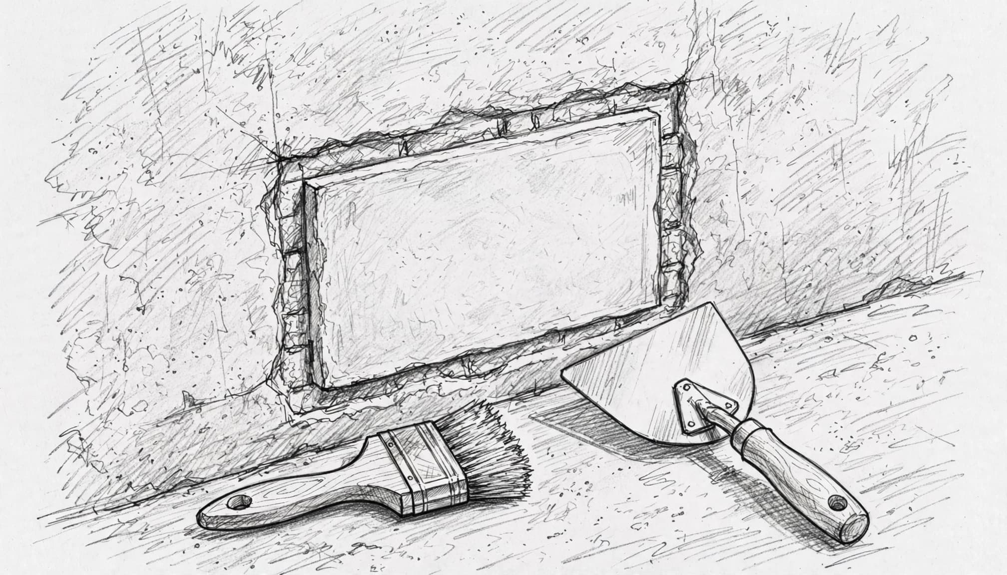 Bleistiftzeichnung einer Putzreparatur an einer Wand mit Pinsel und Kelle.