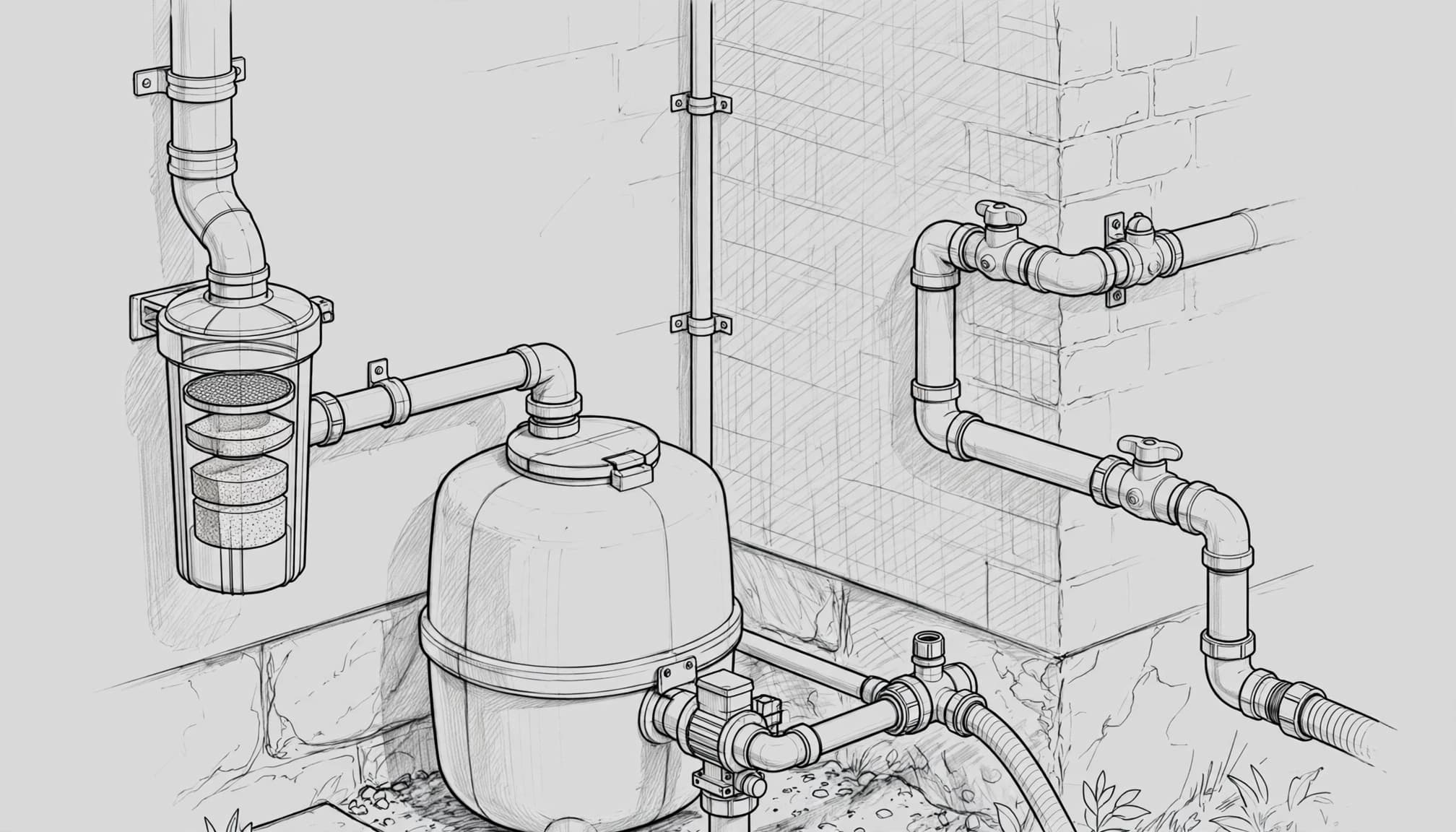 Technische Skizze einer Regenwasserfilteranlage mit Rohren und einem Wassertank an einer Wand.