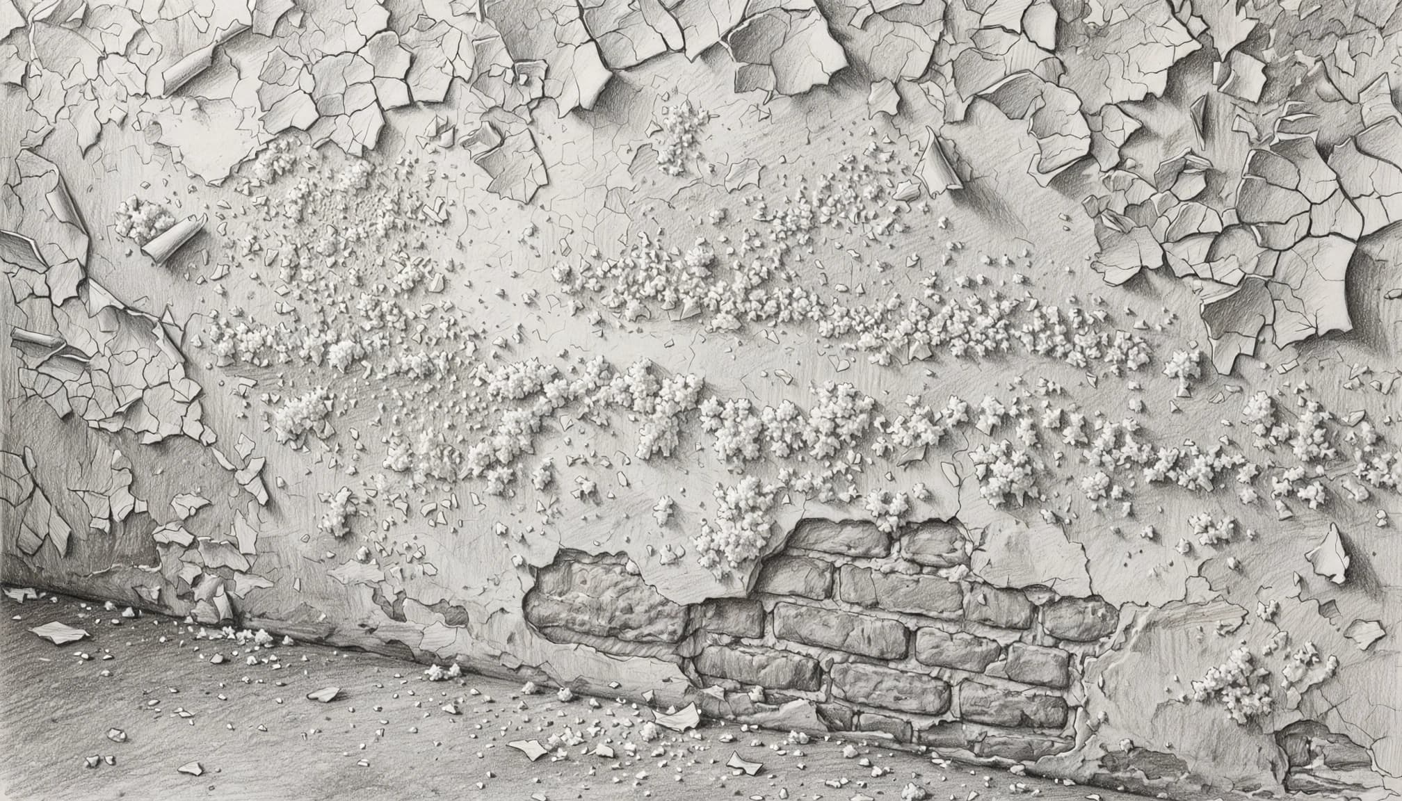 Bleistiftzeichnung einer Kellerwand mit abplatzendem Putz, Salzausblühungen und freiliegendem Mauerwerk.