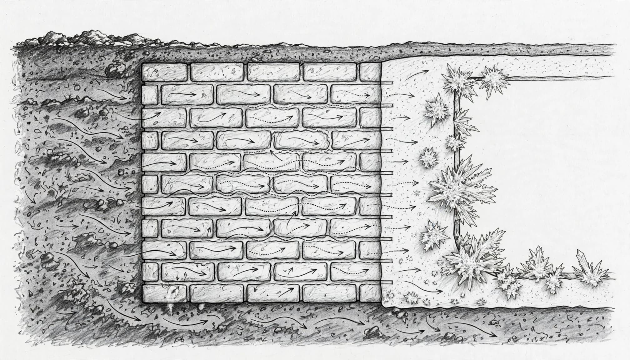 Handgezeichnete Schnittdarstellung einer Kellerwand mit aufsteigender Feuchtigkeit und Salzkristallen.