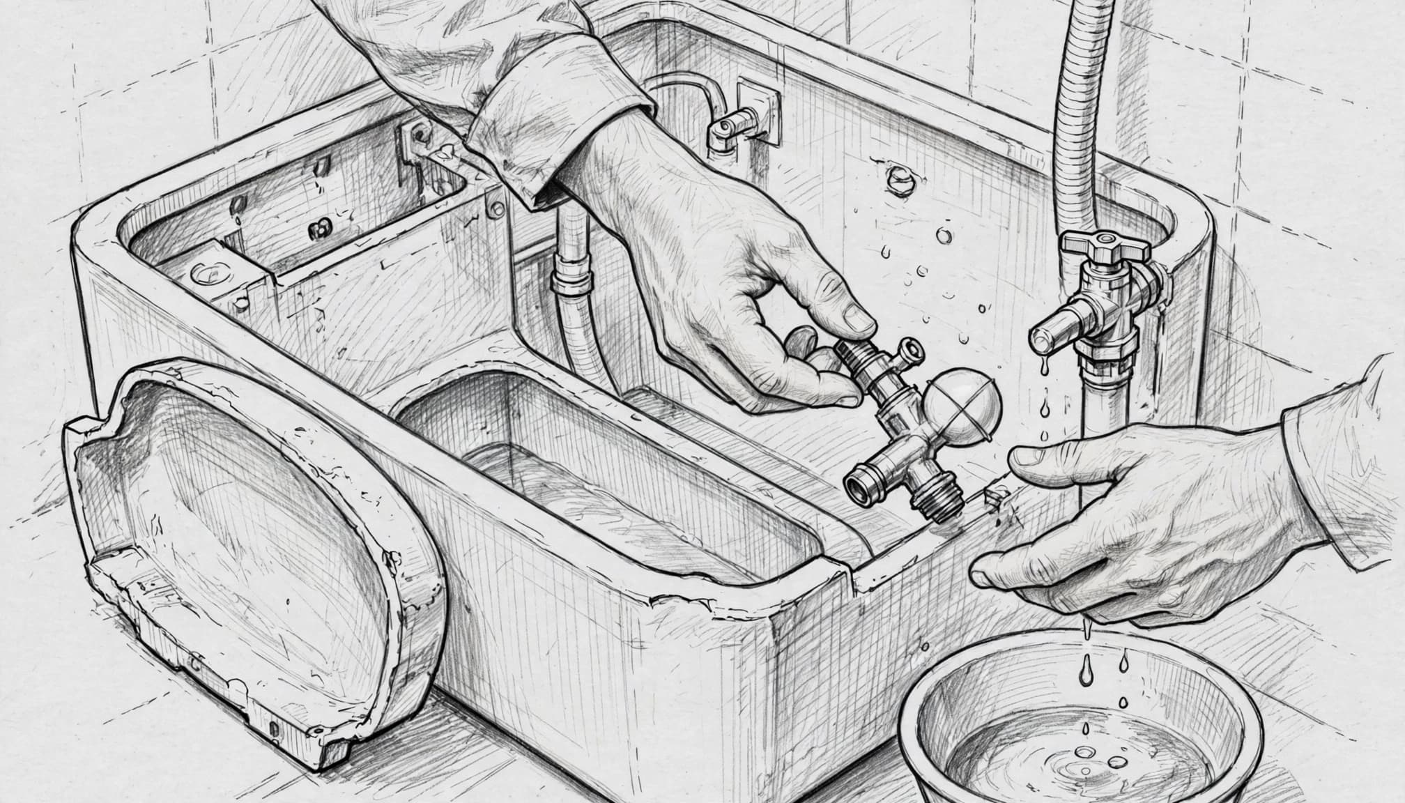 Eine Bleistiftzeichnung zeigt Hände, die ein Schwimmerventil an einem Toilettenspülkasten reparieren.