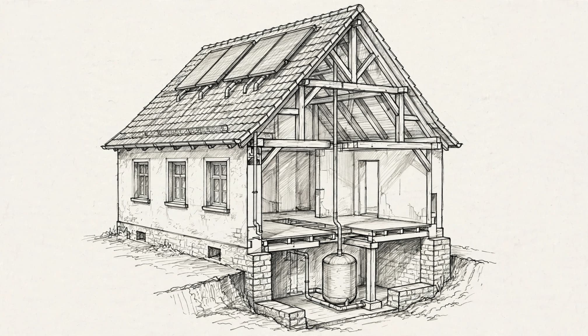 Handgezeichnete Schnittzeichnung eines Hauses mit Solarkollektoren auf dem Dach und einem Warmwasserspeicher im Keller.