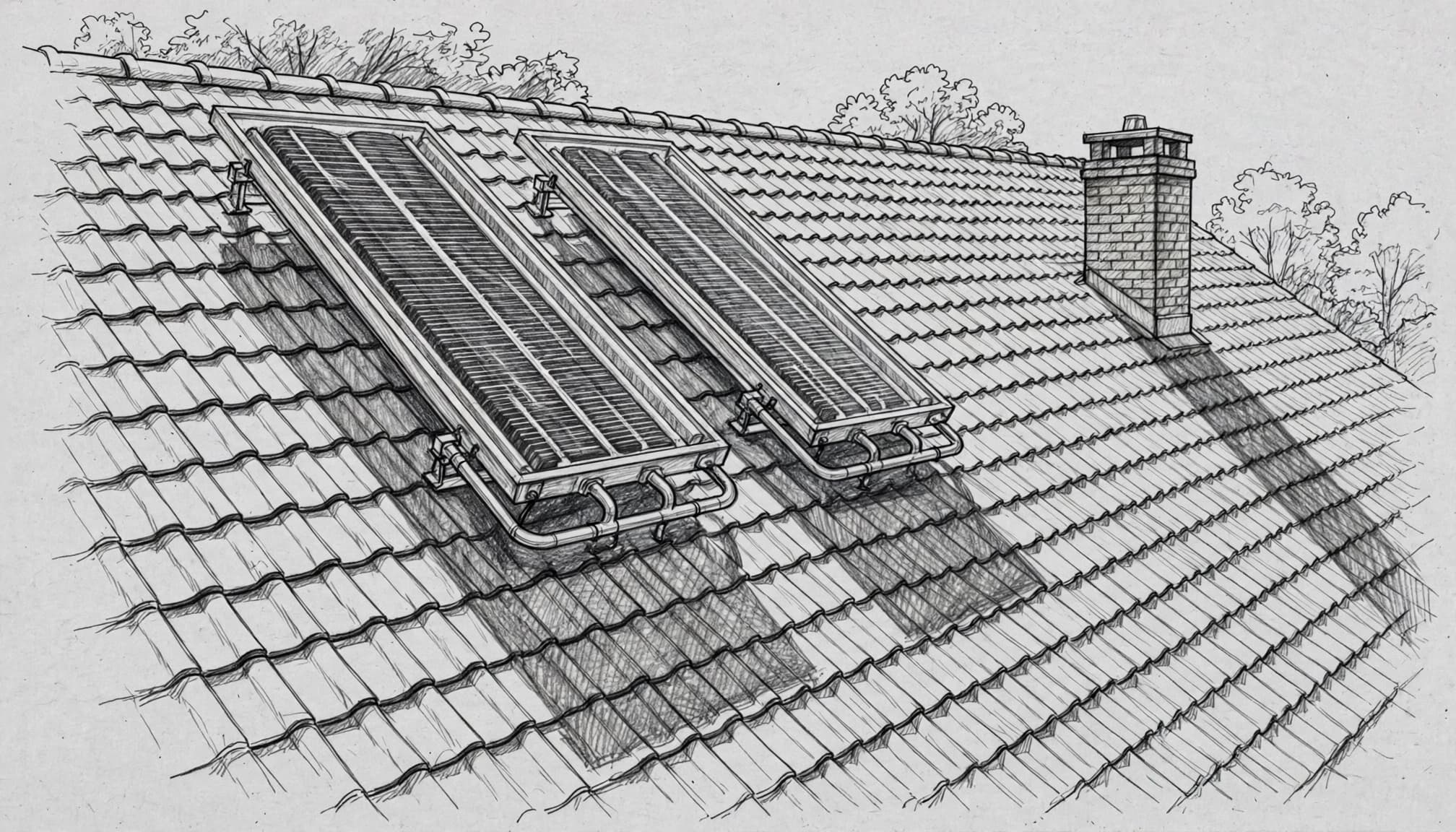 Eine Architekturskizze eines Ziegeldaches mit zwei Solarkollektoren und einem Schornstein.