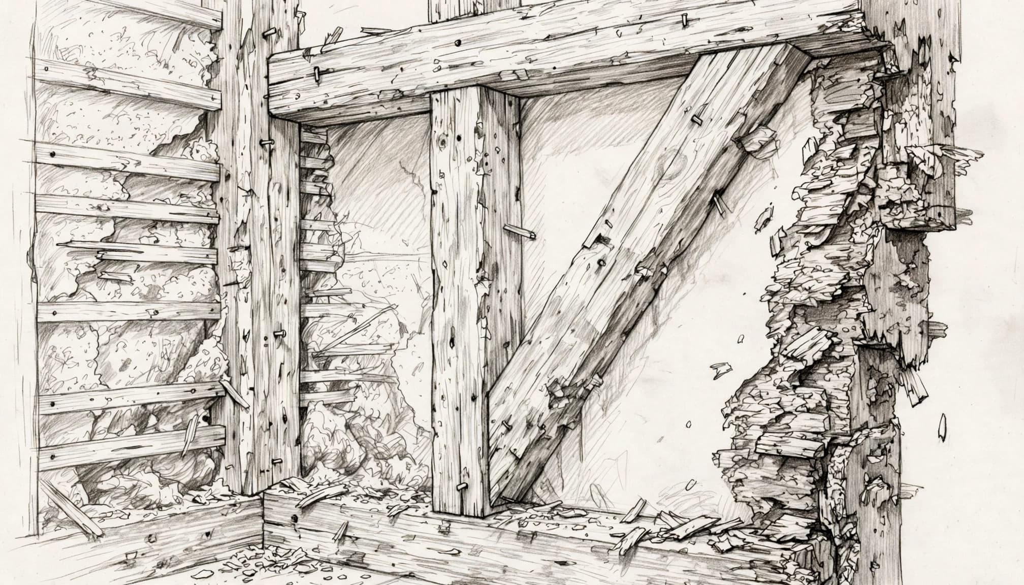 Eine Bleistiftzeichnung einer geöffneten Wand mit freiliegendem Fachwerk und Holzbalken.