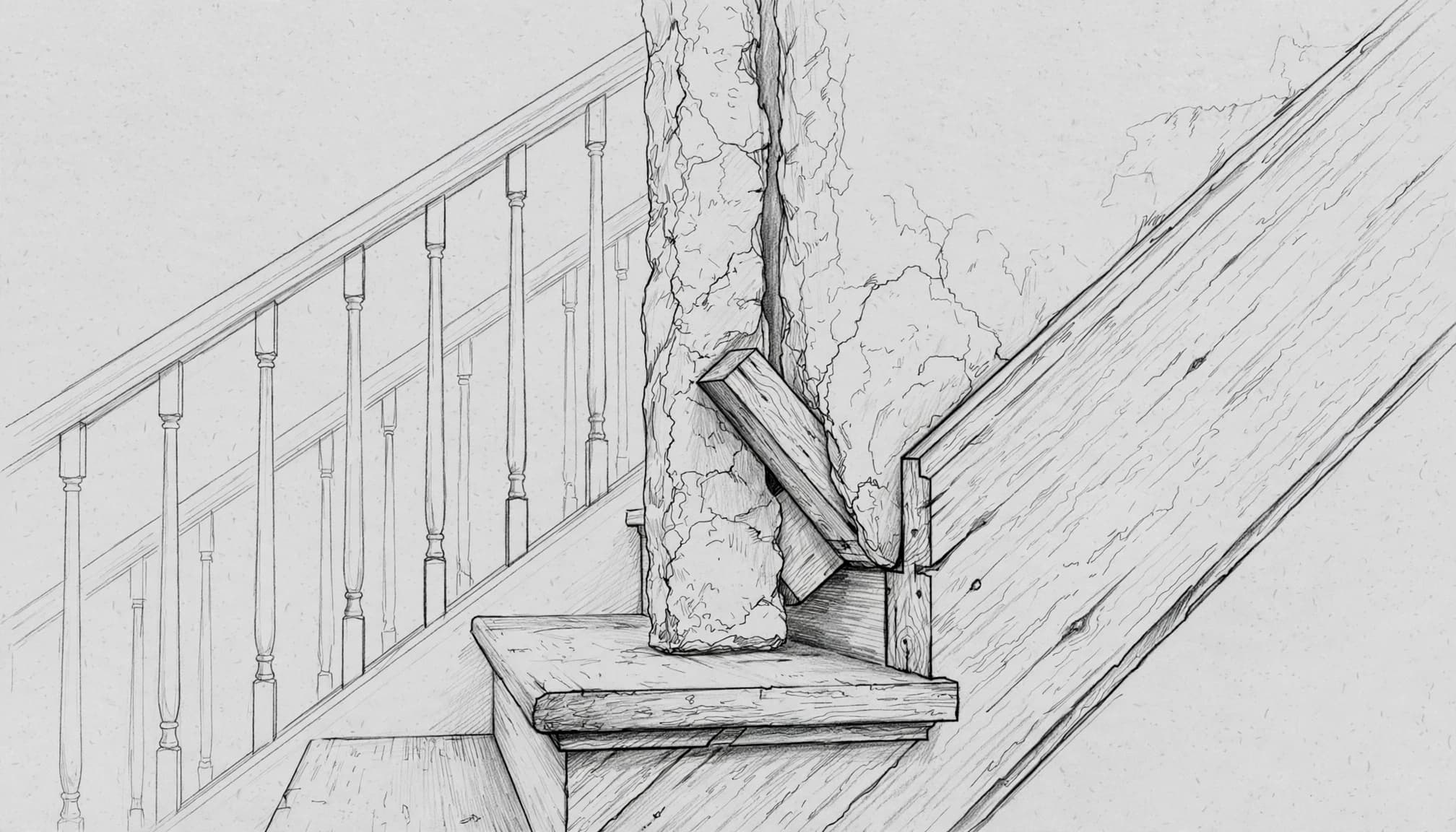 Eine Bleistiftzeichnung einer Treppe mit Wange, Wand und Geländer.