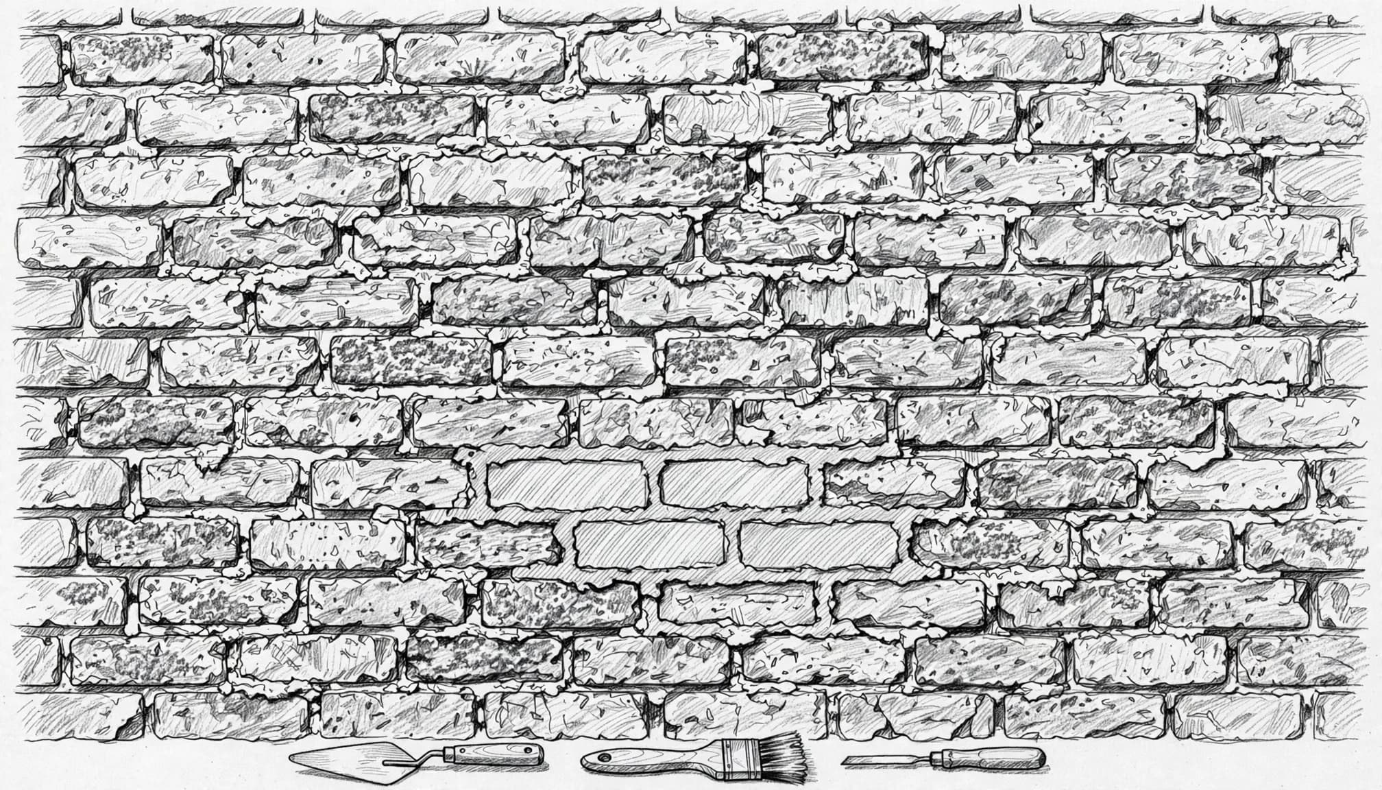 Eine detailreiche Bleistiftzeichnung einer alten Backsteinmauer mit Maurergewerkzeugen am unteren Rand.